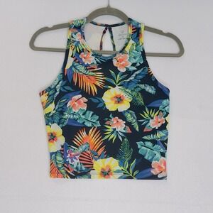 Decree Tropical Floral Print Crop Tank Top Racerback Keyhole Cutout XS